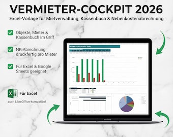 May include: A MacBook laptop displaying a spreadsheet with charts and graphs. The screen shows the text "VERMIETER-COCKPIT 2026" and other German text. The laptop is on a white marble surface.