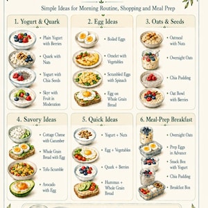 May include: An informational chart titled High-Protein Breakfast Ideas featuring six numbered categories of food options including yogurt, eggs, oats, seeds, and savory meals. The layout includes illustrations of various breakfast bowls and containers.