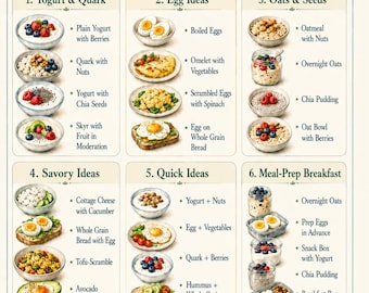 May include: An informational chart titled High-Protein Breakfast Ideas featuring six numbered categories of food options including yogurt, eggs, oats, seeds, and savory meals. The layout includes illustrations of various breakfast bowls and containers.