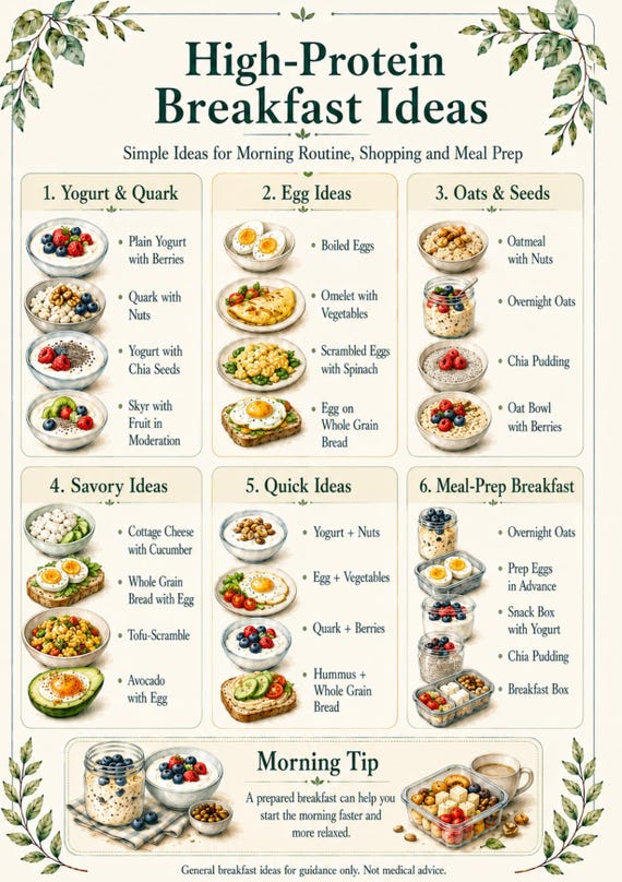 Proteinreiche Frühstücksideen PDF Deutsch & Englisch, High Protein Breakfast Ideas A4 Printable, Meal Prep Food Chart