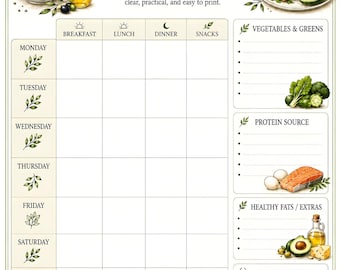 May include: A Keto Weekly Meal Planner template featuring a grid for breakfast, lunch, dinner, and snacks across seven days. It includes sections for vegetables, proteins, healthy fats, a shopping list, meal prep, and notes with food illustrations.