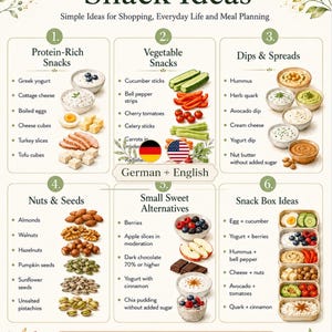 Pode incluir: Um gráfico informativo intitulado Low-Sugar Snack Ideas com seis categorias numeradas, incluindo Protein-Rich Snacks, Vegetable Snacks, Dips & Spreads, Nuts & Seeds, Small Sweet Alternatives e Snack Box Ideas, com ilustrações de alimentos.