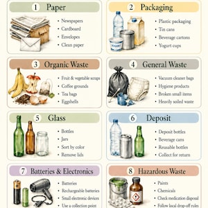Panoramica sulla separazione dei rifiuti in PDF (tedesco e inglese), Guida alla raccolta differenziata stampabile in formato A4, Poster sul riciclaggio per la casa e la cucina