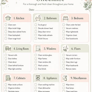 Può includere: Una lista di controllo per la pulizia profonda con un bordo floreale, che presenta nove sezioni categorizzate tra cui Cucina, Bagno, Camera da letto, Soggiorno, Finestre, Pavimenti, Armadi, Elettrodomestici e Varie, ciascuna con caselle di controllo.