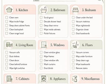 May include: A Deep Cleaning Checklist document with a floral border, featuring nine categorized sections including Kitchen, Bathroom, Bedroom, Living Room, Windows, Floors, Cabinets, Appliances, and Miscellaneous, each with checkboxes for specific tasks.