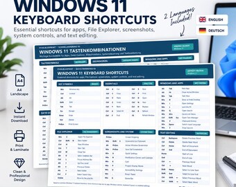 May include: A digital reference sheet for Windows 11 keyboard shortcuts, featuring two versions in English and German. The document displays organized tables for key symbols, essentials, file explorer, screenshots, system controls, and text editing.