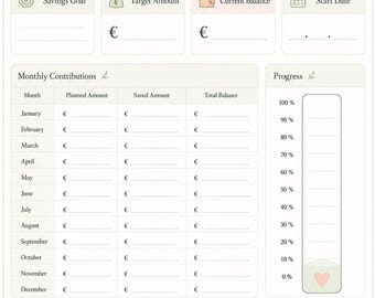 May include: A Savings Tracker printable sheet with a cream background, featuring illustrations of potted plants, a heart, and a coin jar. It includes sections for Savings Goal, Target Amount, Current Balance, Start Date, Monthly Contributions, and a Progress bar.