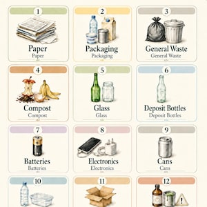 Könnte beinhalten: Ein Recycling-Station-Etiketten-Poster mit zwölf nummerierten Abschnitten, die Aquarellillustrationen von Abfallkategorien wie Papier, Verpackungen, Restmüll, Kompost, Glas, Pfandflaschen, Batterien, Elektronik, Dosen, Kunststoff, Pappe und Sondermüll zeigen.
