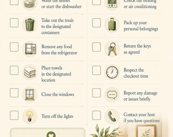 May include: A cream-colored checkout checklist for guests featuring green leaf accents. It includes twelve tasks with icons for washing dishes, taking out trash, clearing the fridge, towels, windows, lights, heating, packing, keys, time, damage, and host contact.