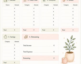 May include: A weekly budget planner sheet with the title 7. Weekly Budget Planner and the text Overview. Control. More for you. It features sections for income, fixed costs, groceries, leisure, savings, remaining totals, and notes with Euro symbols.