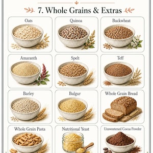 May include: An educational chart titled High Protein Foods, 7. Whole Grains & Extras, featuring illustrations of oats, quinoa, buckwheat, amaranth, spelt, teff, barley, bulgur, whole grain bread, whole grain pasta, nutritional yeast, and cocoa powder.