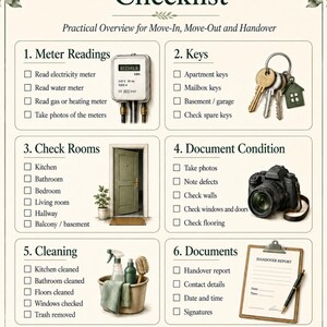 Könnte beinhalten: Eine Wohnungsübergabe-Checkliste mit sechs Abschnitten: Zählerstände, Schlüssel, Zimmer prüfen, Zustand dokumentieren, Reinigung und Dokumente. Sie enthält Illustrationen eines Zählers, Schlüsseln, einer Tür, einer Kamera, eines Putzeimers und eines Klemmbretts mit Stift.