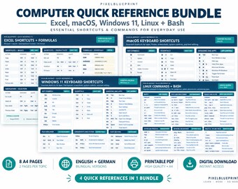 May include: A digital bundle of four A4 quick reference guides featuring keyboard shortcuts and commands for Excel, macOS, Windows 11, and Linux + Bash. The white and teal documents display organized tables of technical instructions and system keys.
