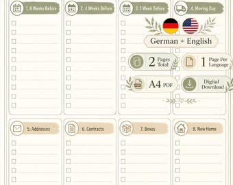 May include: A printable Moving Checklist document with a cream background and green botanical accents. It features eight categorized sections labeled 1 through 8, including 8 Weeks Before, 4 Weeks Before, 1 Week Before, Moving Day, Addresses, Contracts, Boxes, and New Home. The text includes German + English, 2 Pages Total, 1 Page Per Language, A4 PDF, and Digital Download.