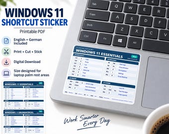 May include: A rectangular Windows 11 shortcut sticker with a blue and white color scheme, featuring organized keyboard commands for everyday tasks, windows management, screen functions, and system controls, designed for application on a laptop palm rest.