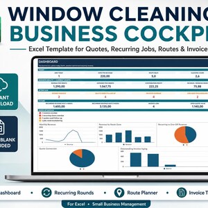 Könnte beinhalten: Eine digitale Excel-Vorlage für ein Fensterreinigungs-Business-Cockpit auf einem Laptop-Bildschirm. Das Dashboard enthält Datentabellen, Balken- und Kreisdiagramme für Umsätze, wiederkehrende Aufträge, Routen und Rechnungen mit englischer Beschriftung.