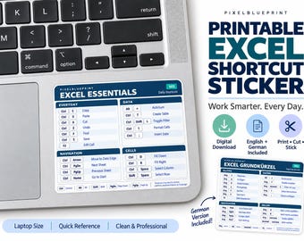 May include: A rectangular sticker applied to a laptop trackpad area, featuring a blue and white grid of Excel keyboard shortcuts labeled Excel Essentials. The sticker includes sections for everyday, data, navigation, and cell commands with clear text.