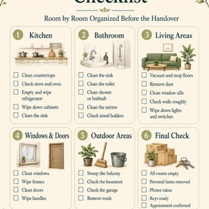 Könnte beinhalten: Eine Umzugsreinigungs-Checkliste auf cremefarbenem Hintergrund mit grünen Blattmotiven. Sie enthält sechs nummerierte Abschnitte: Küche, Badezimmer, Wohnbereiche, Fenster & Türen, Außenbereiche und Endkontrolle mit spezifischen Aufgaben.