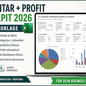 May include: A digital inventory and profit tracking dashboard displayed on a laptop screen, featuring charts, tables, and data categories. The text includes INVENTAR + PROFIT COCKPIT 2026, EXCEL VORLAGE, and various German labels for business management.