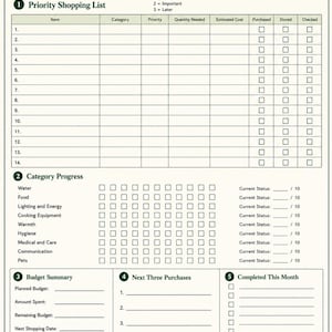 K&ouml;nnte beinhalten: Ein gedrucktes Dokument mit dem Titel Preparedness Shopping List and Progress Tracker. Es enth&auml;lt eine Tabelle f&uuml;r Einkaufslisten, Checkboxen f&uuml;r den Fortschritt in Kategorien wie Wasser und Nahrung, eine Budget&uuml;bersicht und einen monatlichen R&uuml;ckblick.