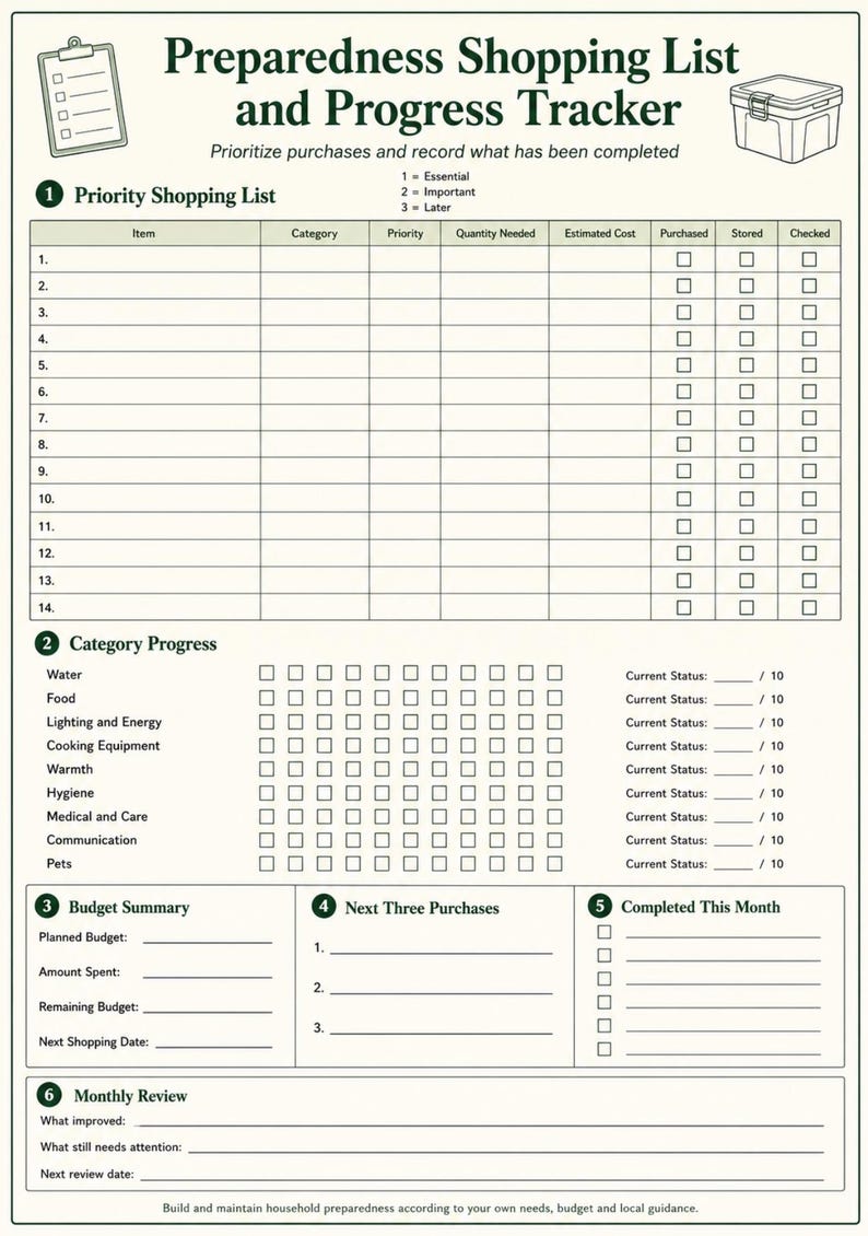 K&ouml;nnte beinhalten: Ein gedrucktes Dokument mit dem Titel Preparedness Shopping List and Progress Tracker. Es enth&auml;lt eine Tabelle f&uuml;r Einkaufslisten, Checkboxen f&uuml;r den Fortschritt in Kategorien wie Wasser und Nahrung, eine Budget&uuml;bersicht und einen monatlichen R&uuml;ckblick.