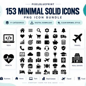 153 Minimal Solid Icons PNG Bundle Business Tech Home Travel Food Real Estate Digital Download