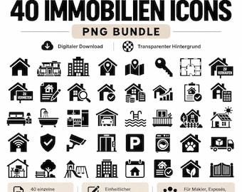 May include: A digital bundle of 40 black real estate icons on a white background. The text reads PixelBlueprint, 40 IMMOBILIEN ICONS, PNG BUNDLE, Digitaler Download, Transparenter Hintergrund, 40 einzelne PNG Dateien, and Einheilticher minimalistischer Stil.
