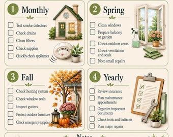 May include: A Home Maintenance Checklist document featuring four sections: Monthly, Spring, Fall, and Yearly. The layout includes checkboxes, illustrations of a house, seasonal decor, a clipboard with a wrench, a coffee cup, and a notepad with a pen.