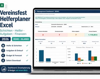 May include: A laptop screen displaying a 2026 event management dashboard in Excel. The interface shows sections for shifts, volunteers, tasks, and finances with bar charts, numerical data, and the text Vereinsfest Helferplaner Excel 2026.