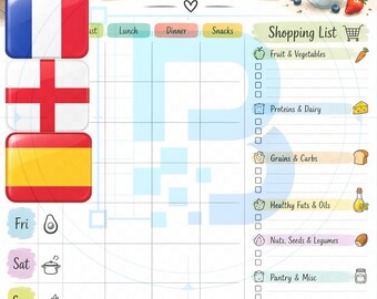 May include: A weekly meal planner sheet featuring the text Weekly Meal Planner, Plan Shop Enjoy, and Shopping List. It includes sections for days of the week, meal categories, a grocery checklist with icons, and areas for meal prep and notes.