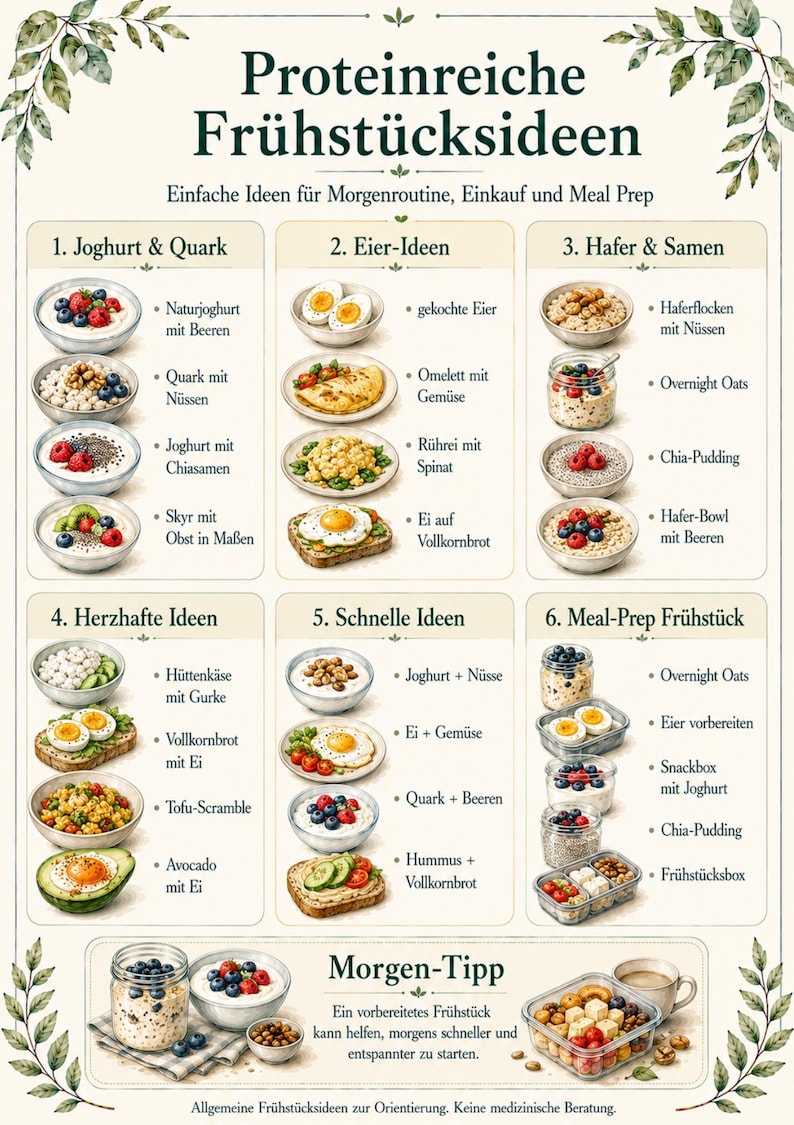 May include: An informational poster titled Proteinreiche Fr&uuml;hst&uuml;cksideen featuring six numbered categories of breakfast food illustrations including yogurt, eggs, oats, savory options, quick meals, and meal prep containers with descriptive German text labels.