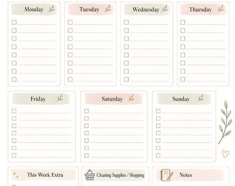 May include: A weekly cleaning planner template featuring the text Weekly Cleaning Planner and For a clean and relaxed home. It includes daily sections from Monday to Sunday with checkboxes, a This Week Extra section, a Cleaning Supplies/Shopping list, and a Notes section, all decorated with soft-toned botanical illustrations and cleaning icons.