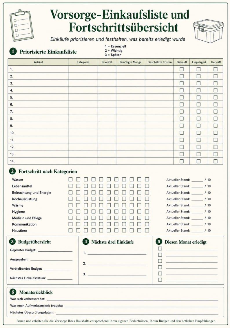 K&ouml;nnte beinhalten: Ein wei&szlig;es Planungsblatt mit dem Titel Vorsorge-Einkaufsliste und Fortschritts&uuml;bersicht in dunkelgr&uuml;ner Schrift. Es enth&auml;lt eine nummerierte Einkaufsliste, Fortschrittsanzeigen f&uuml;r Kategorien, einen Budgetbereich sowie Felder f&uuml;r einen Monatsr&uuml;ckblick.