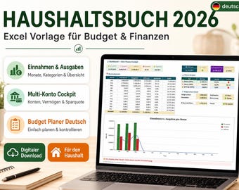 May include: A laptop displaying a 2026 household budget Excel template. The screen shows financial tables, charts, and data columns. Text on the screen includes HAUSHALTSBUCH 2026, Excel Vorlage für Budget & Finanzen, Einnahmen & Ausgaben, Multi-Konto Cockpit, and Budget Planer Deutsch.