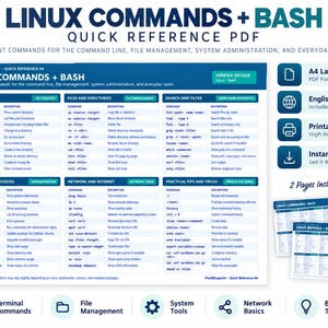 Peut inclure: Un guide de référence rapide PDF numérique intitulé Linux Commands + Bash, présentant des tableaux organisés pour les tâches de ligne de commande, de gestion de fichiers et d'administration système. Le document inclut deux pages en anglais et allemand, formatées pour une impression A4 paysage.