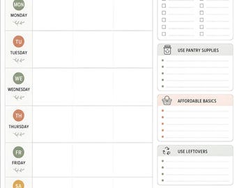 May include: A Budget Meal Planner template featuring a weekly grid for breakfast, lunch, and dinner. The right side includes sections for a shopping list, pantry supplies, affordable basics, leftovers, and an expenses tracker with euro symbols.