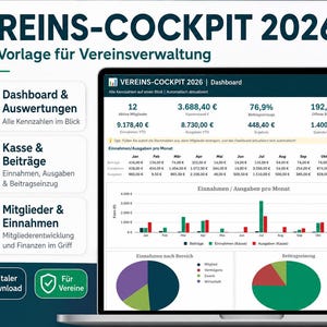 Club management Excel template 2026, club cash book, member management, contribution tracking, cash report, German