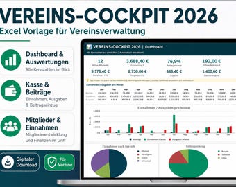 May include: A digital Excel template titled VEREINS-COCKPIT 2026 displayed on a laptop screen. The interface features a dashboard with financial data, monthly income and expense tables, bar charts, and pie charts for club management.