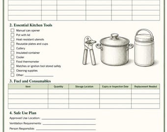 Könnte beinhalten: Ein gedrucktes Organisationsblatt mit dem Titel Alternative Cooking and Kitchen Equipment. Es enthält Tabellen zur Erfassung von Küchengeräten, Brennstoff und Sicherheitsplänen sowie eine Checkliste für wichtige Utensilien und einen Sicherheitshinweis.