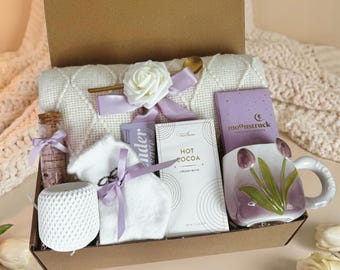 Personalized Mother's Day Gift Box, Neutral Blanket, Candle and Tea Care Package for New Mom, Spa Relaxation Set, Thinking of You Gift
