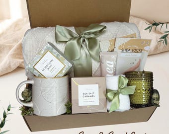 Birthday Gift Basket for Her, Luxury Spa Set for Women, Thinking of You Self Care Gift with Blanket, Warm Hug in a Box Care Package