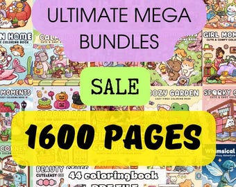 Può includere: Una collezione di 44 libri da colorare in formato PDF, con vari temi come gatti, momenti accoglienti e racconti stravaganti. L'immagine include i testi "ULTIMATE MEGA BUNDLES", "SALE" e "1600 PAGES".