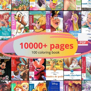 Peut inclure: Une collection numérique de 100 livres de coloriage contenant plus de 10 000 pages de personnages animés variés, dont des princesses Disney, les Schtroumpfs, Bob l'éponge, Winnie l'ourson et Totoro, présentés en grille de vignettes.