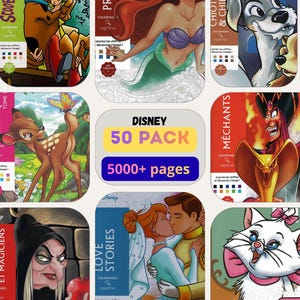 Puede incluir: Una colección de libros para colorear de Disney con personajes de varias películas. Los libros incluyen títulos como "Princesas", "Scooby-Doo" y "Love Stories". El conjunto se anuncia como un "Pack de 50" con "5000+ páginas".