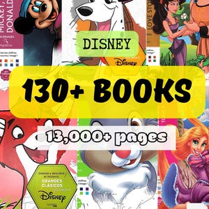 May include: A digital collection of 130+ Disney coloring books containing 13,000+ pages in PDF format. The image features various Disney characters including Mickey Mouse, a Dalmatian, Hercules, Megara, and Rapunzel, alongside text labels like DISNEY and GRANDES CLÁSICOS.