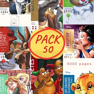 Peut inclure: Une collection numérique de 50 livres de coloriage présentant des personnages Disney dont La Belle et le Clochard, Coyote, Blanche-Neige, Elsa et Anna, et Simba. Le pack contient 5000 pages au format PDF avec des thèmes comme la nature et les animaux.