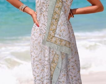 Vestido de playa cruzado estampado en bloque de algodón puro, vestido de resort floral, pareo con estampado floral, regalo para ella.