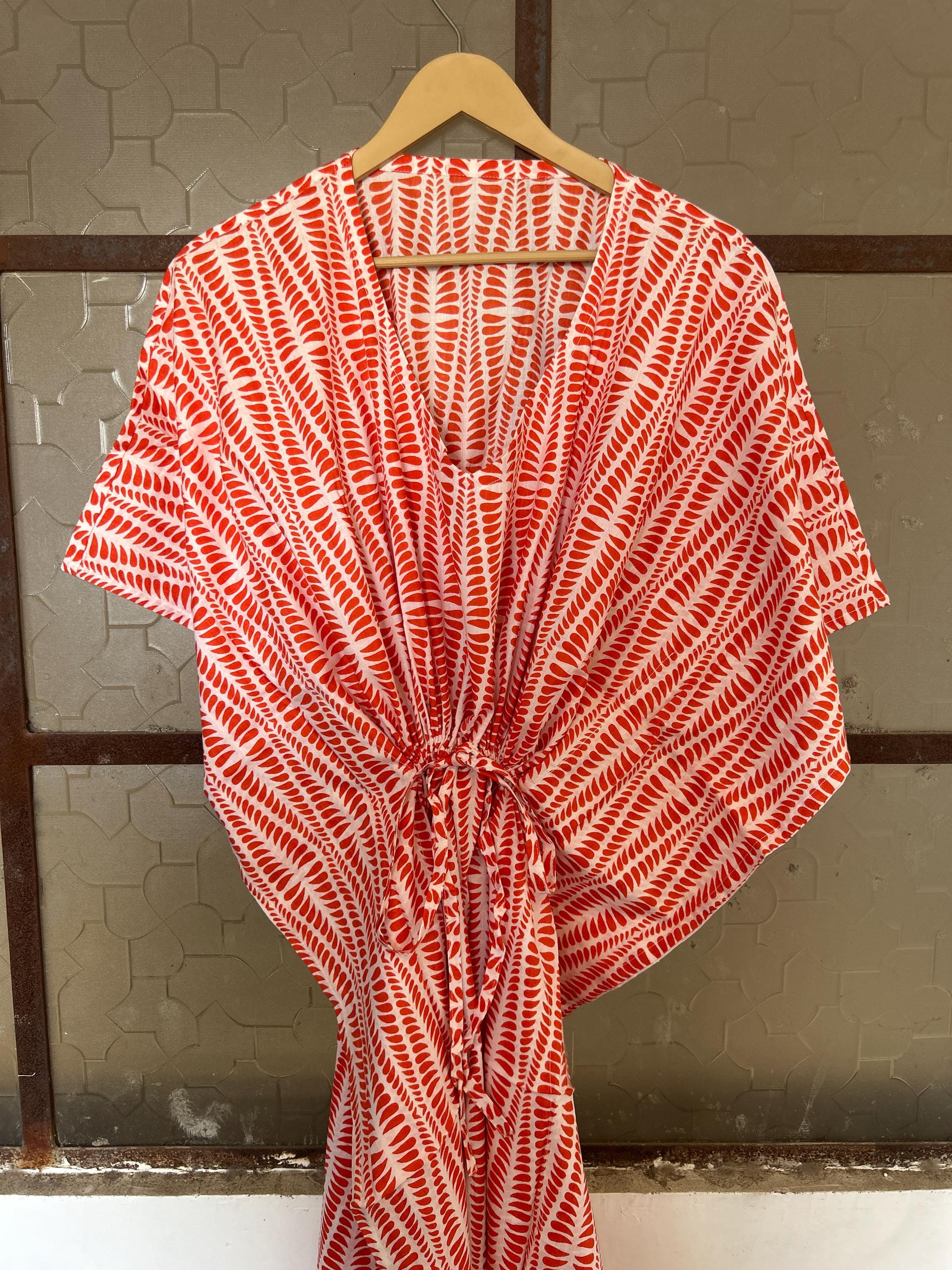Red Chevron Cotton Kaftan Indian Block Print Boho Beachwear Long Caftan