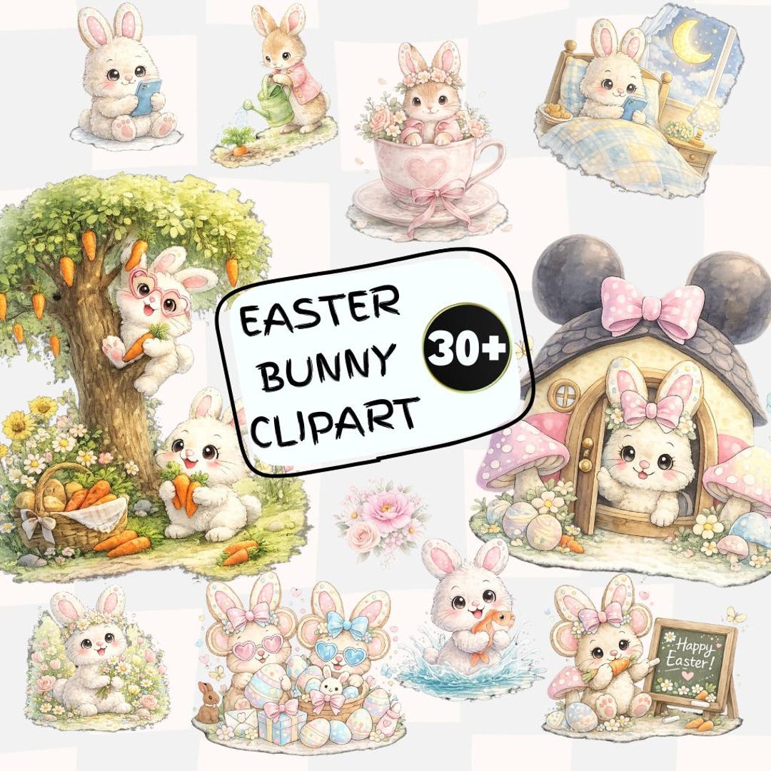 Easter Bunny Clipart Bundle | Watercolor Spring Rabbit PNG Files ...