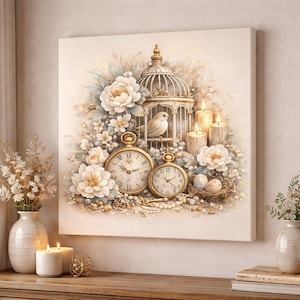 May include: A square canvas print featuring a vintage-style design. It showcases a bird in a cage, pocket watches, candles, and floral arrangements in soft, neutral tones. The artwork evokes a sense of nostalgia and elegance.